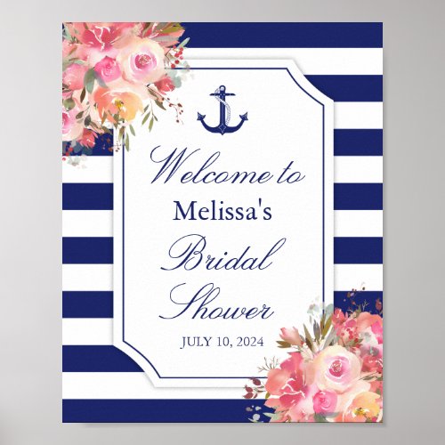 Nautical Floral Anchor Blue Stripe Bridal Shower Poster