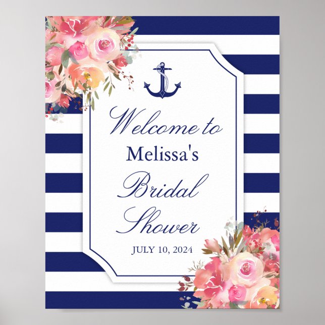 Nautical Floral Anchor Blue Stripe Bridal Shower Poster (Front)