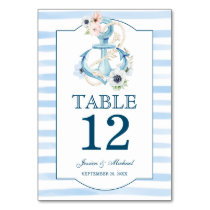 Nautical Floral Anchor Blue Stripes Beach Wedding Table Number