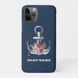 Nautical Floral Anchor Boat Name Navy Blue   iPhone 11 Pro Case