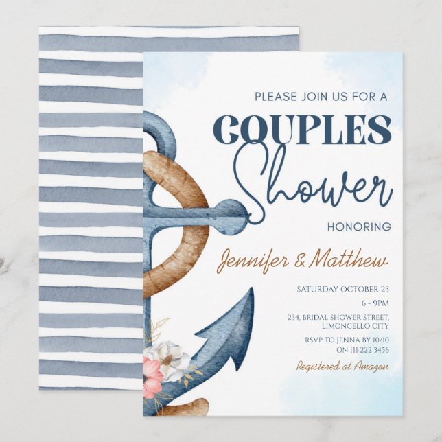 Nautical Floral Anchor Couples Wedding Shower Invitation (Front/Back)