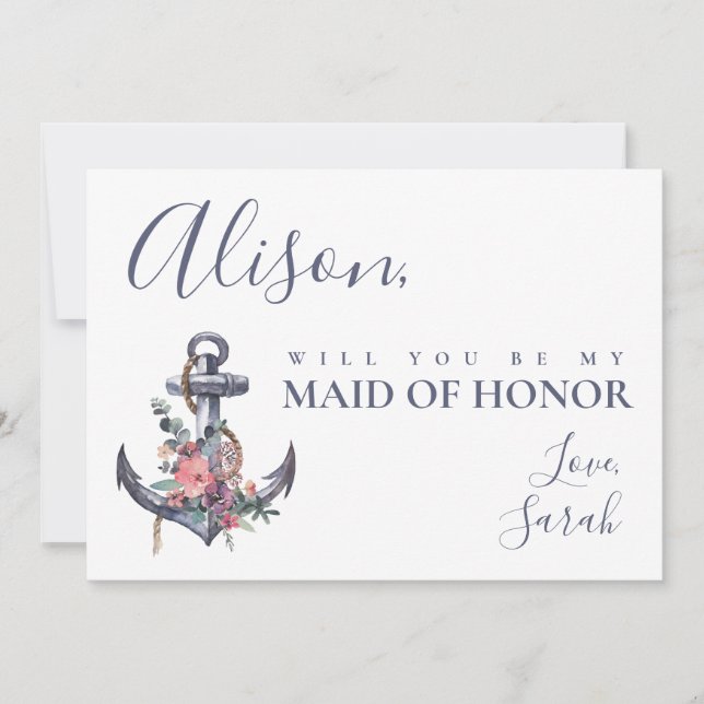 Nautical Floral Anchor Maid of Honor Proposal Card (Front)