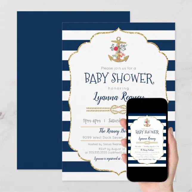 Nautical Floral Anchor Navy Blue Baby Shower Invitation Zazzle