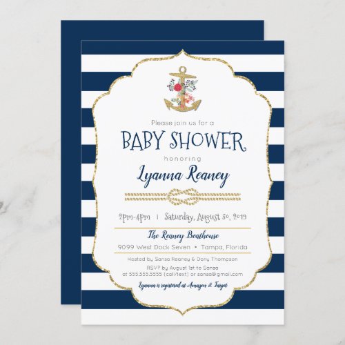 Nautical Floral Anchor Navy Blue Baby Shower Invitation