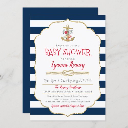 Nautical Floral Anchor Navy Blue Red Baby Shower Invitation