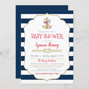 Nautical Floral Anchor Navy Blue Red Baby Shower Invitation