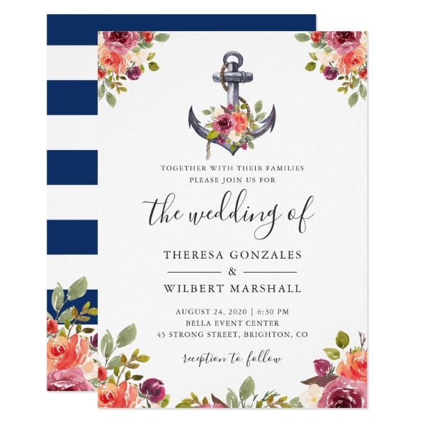 256241796988735588 Nautical Floral Anchor Navy Blue Stripes Wedding Invitation