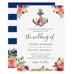 Nautical Floral Anchor Navy Blue Stripes Wedding Invitation
