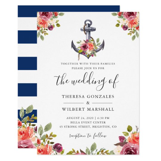 Nautical Fl Anchor Navy Blue Stripes Wedding Invitation Zazzle Nautical Fl Anchor Navy Blue Stripes Wedding Invitation