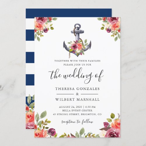 Nautical Floral Anchor Navy Blue Stripes Wedding Invitation