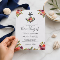 Nautical Floral Anchor Navy Blue Stripes Wedding Invitation