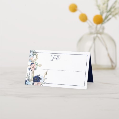 Nautical Floral Anchor Navy Blue Wedding Table Place Card