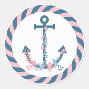 Nautical Floral Anchor Pink & Navy Flowers & Rope Classic Round Sticker