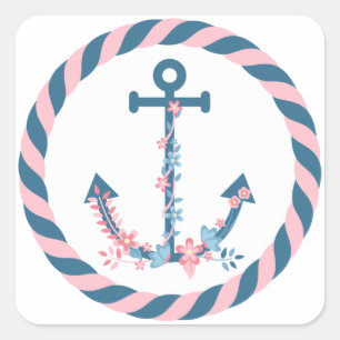 Nautical Floral Anchor Pink & Navy Flowers & Rope Square Sticker