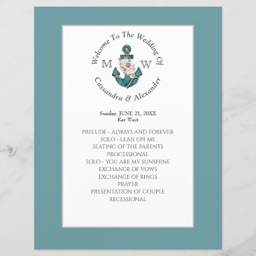 Nautical Floral Anchor Teal Blue Wedding Program 