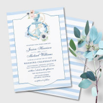 Nautical Floral Anchor Watercolor Stripes Wedding Invitation