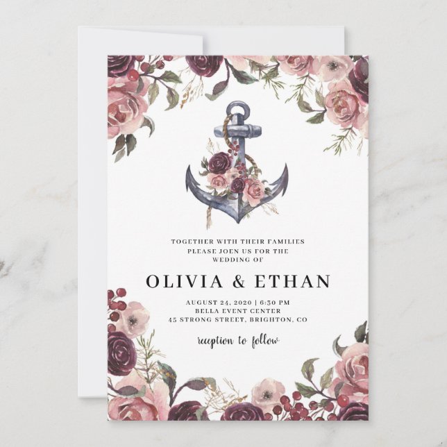 Nautical Floral Anchor Watercolor Wedding Invitation (Front)