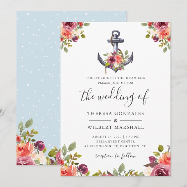 Nautical Floral Anchor Watercolor Wedding Knot Invitation (Front/Back)