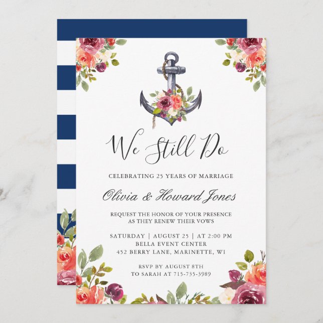 Nautical Floral Anchor We Still Do Vow Renewal Invitation (Front/Back)