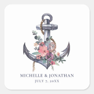 Nautical Floral Anchor Wedding Gift Favor Bag Square Sticker