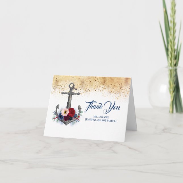 Nautical Floral Anchor Wedding Thank You (Front)