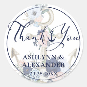 Nautical Floral Anchor Wedding Thank You Navy Blue Classic Round Sticker