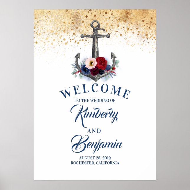 Nautical Floral Anchor Wedding Welcome Sign (Front)