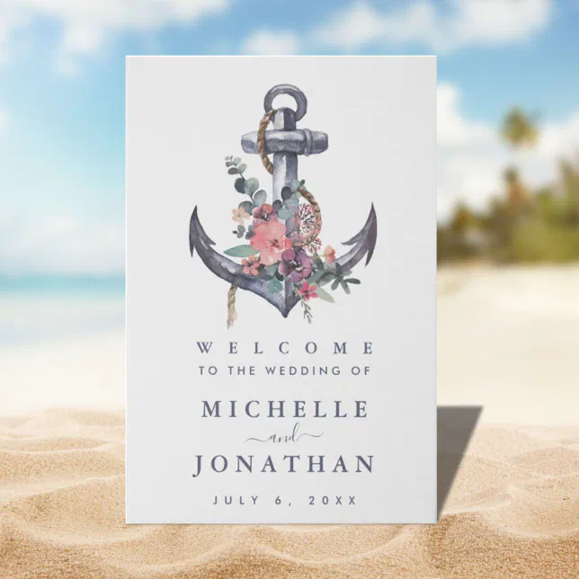 Nautical Floral Anchor Wedding Welcome Sign | Zazzle