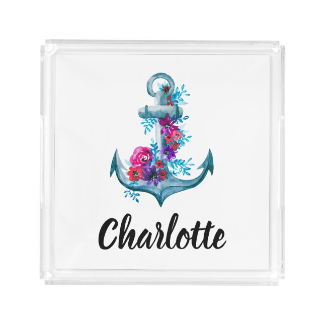 Nautical Floral Blue Anchor Illustration Acrylic Tray (Front)