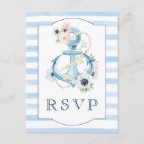 Nautical Floral Blue Stripes Beach Wedding RSVP Postcard