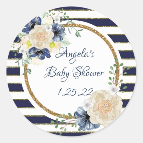 Nautical Floral Navy  Gold Personalized Shower Classic Round Sticker