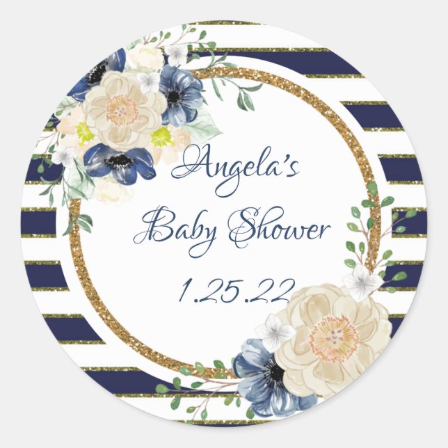 Nautical Floral Navy & Gold Personalized Shower Classic Round Sticker (Front)