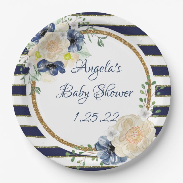 Nautical Floral Navy & Gold Personalized Shower Paper Plates (Front)