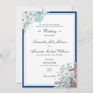 Nautical Floral Navy & White Formal Wedding Invitation