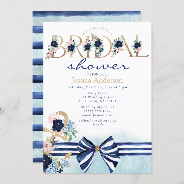 Nautical Floral Royal Blue and Gold Bridal Shower Invitation (Front/Back)