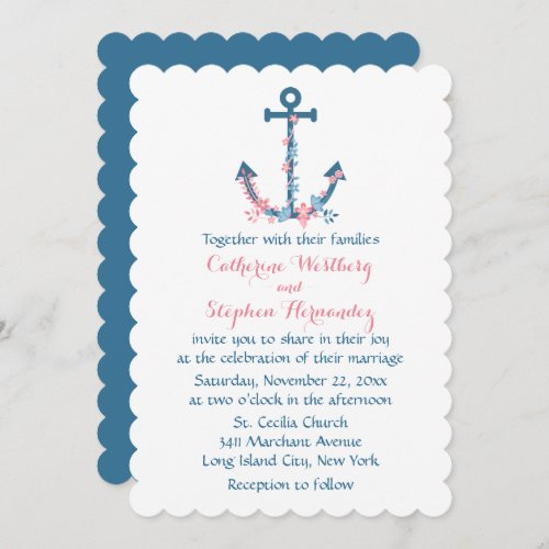 Nautical Floral Ship Anchor Blue And Pink Flowers Invitation