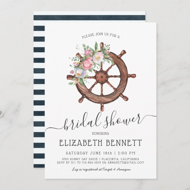 Nautical Floral Ship's Wheel | Bridal Shower Invitation (Front/Back)