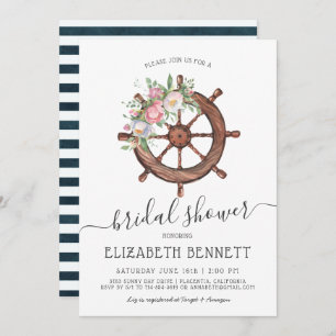 Nautical Floral Ship's Wheel Bridal Shower Invitation