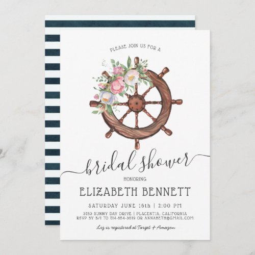 Nautical Floral Ships Wheel  Bridal Shower Invitation