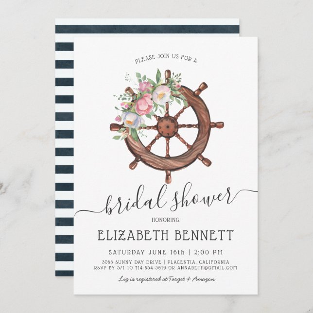 Nautical Floral Ship's Wheel | Bridal Shower Invitation (Front/Back)