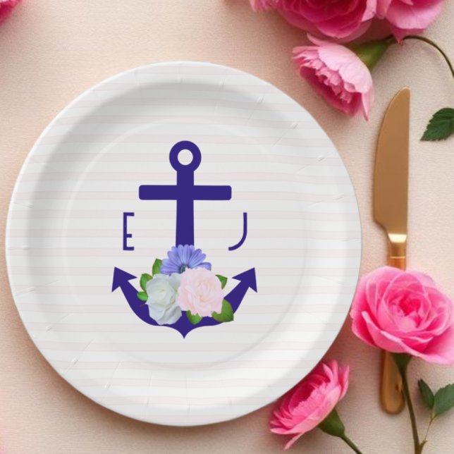 Nautical Floral Stripes Wedding Paper Plates (Creator Uploaded)