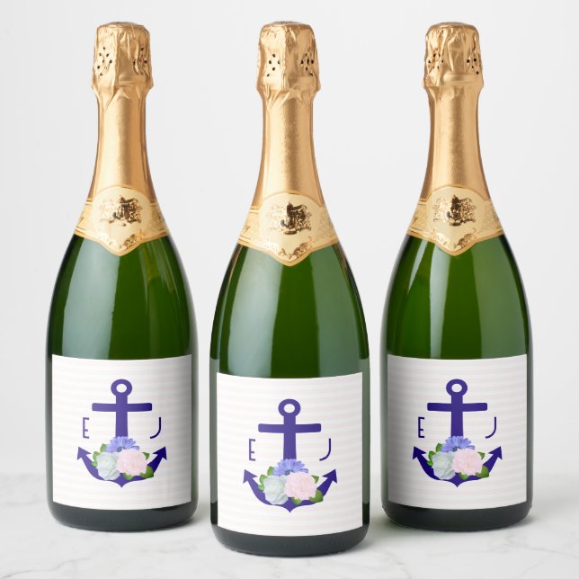 Nautical Floral Stripes Wedding Sparkling Wine Label (Bottles)
