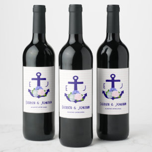 Nautical Floral Stripes Wedding Wine Label