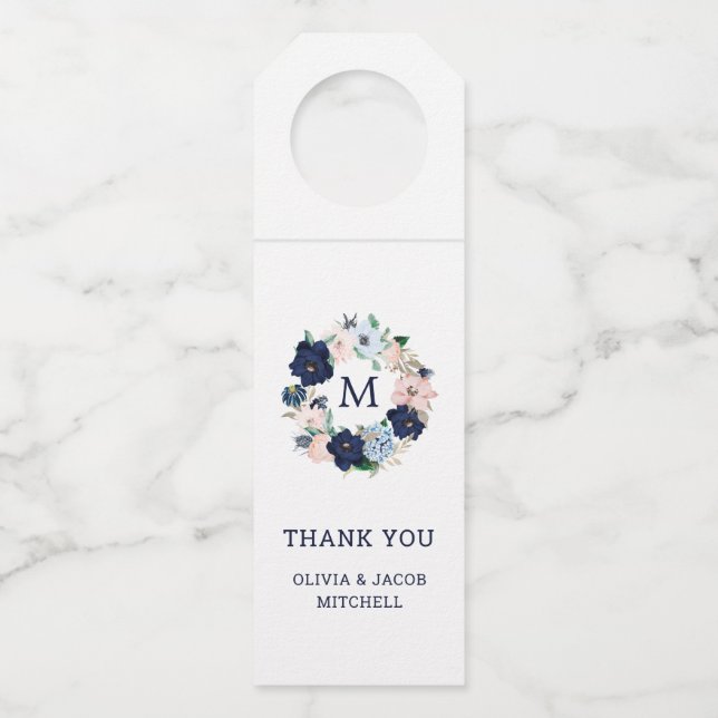 Nautical Flowers and Monogram | Wedding Bottle Hanger Tag (Front)