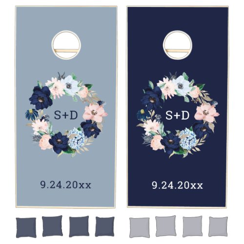 Nautical Flowers  Navy and Dusty Blue Wedding Cornhole Set