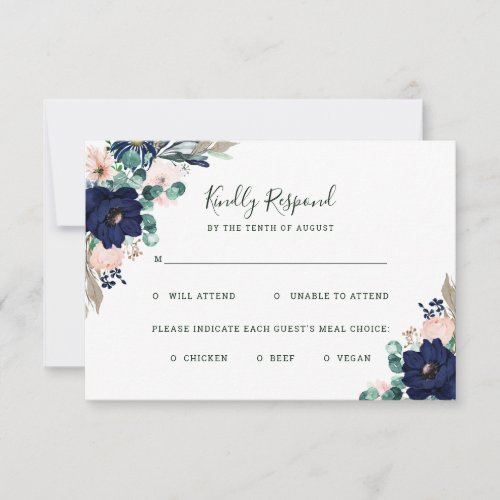 Nautical Flowers Navy and Pink Wedding Meal Choice RSVP Card
