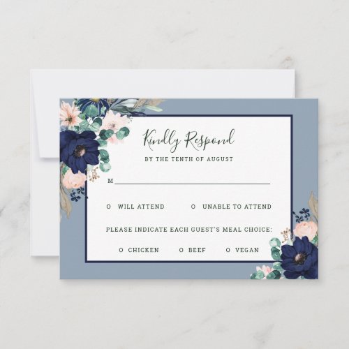 Nautical Flowers Navy and Pink Wedding Meal Choice RSVP Card
