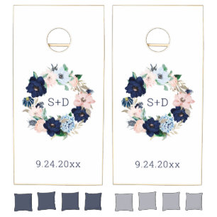 Nautical Flowers Navy Blue and Blush Pink Wedding Cornhole Set
