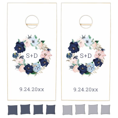 Nautical Flowers Navy Blue and Blush Pink Wedding Cornhole Set