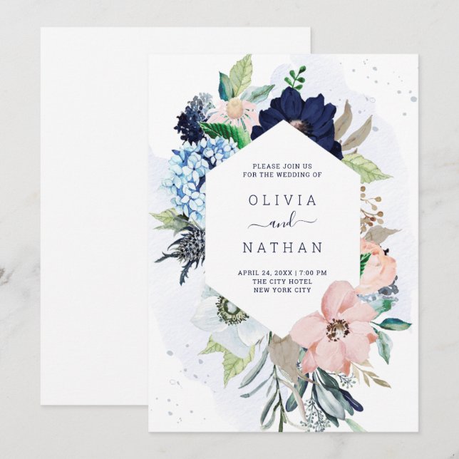 Nautical Flowers Navy Blue and Blush Pink Wedding Invitation (Front/Back)